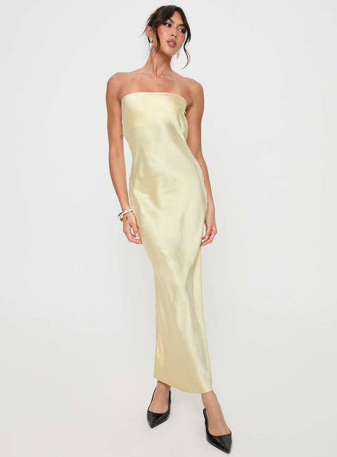 front view of model wearing Princess Polly Haley Maxi Dress Yellow Straight Neck 