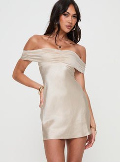 front view of model wearing Princess Polly Sadee Mini Dress Champagne Straight Neck 