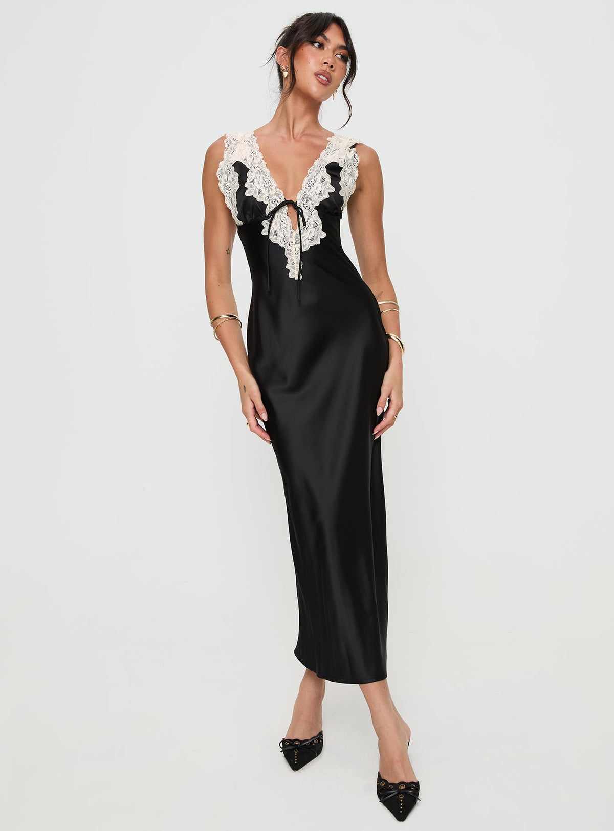 front view of model wearing Princess Polly Nourish Maxi Dress Black V-Neck 