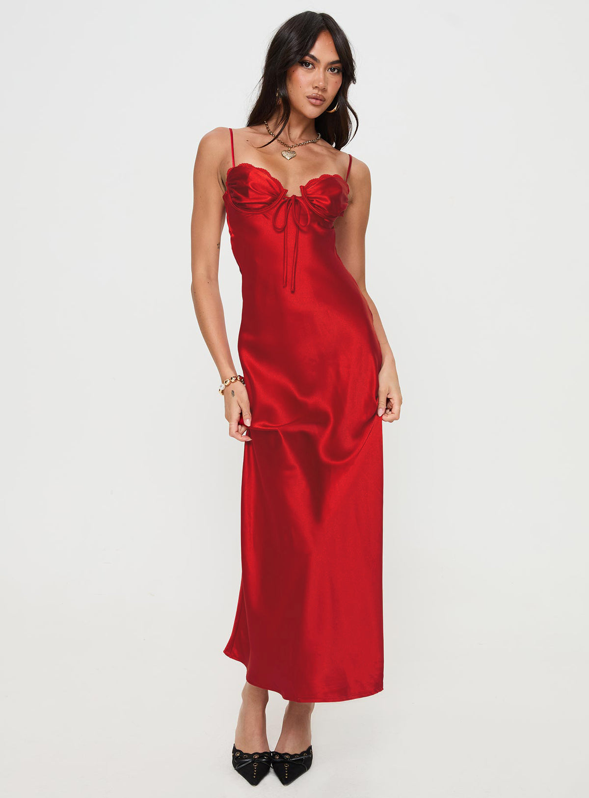 front view of model wearing Princess Polly Monument Maxi Dress Red Sweetheart Neckline 
