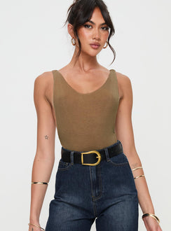 front view of model wearing Princess Polly Yolando Bodysuit Taupe Sleeveless Bodysuit 