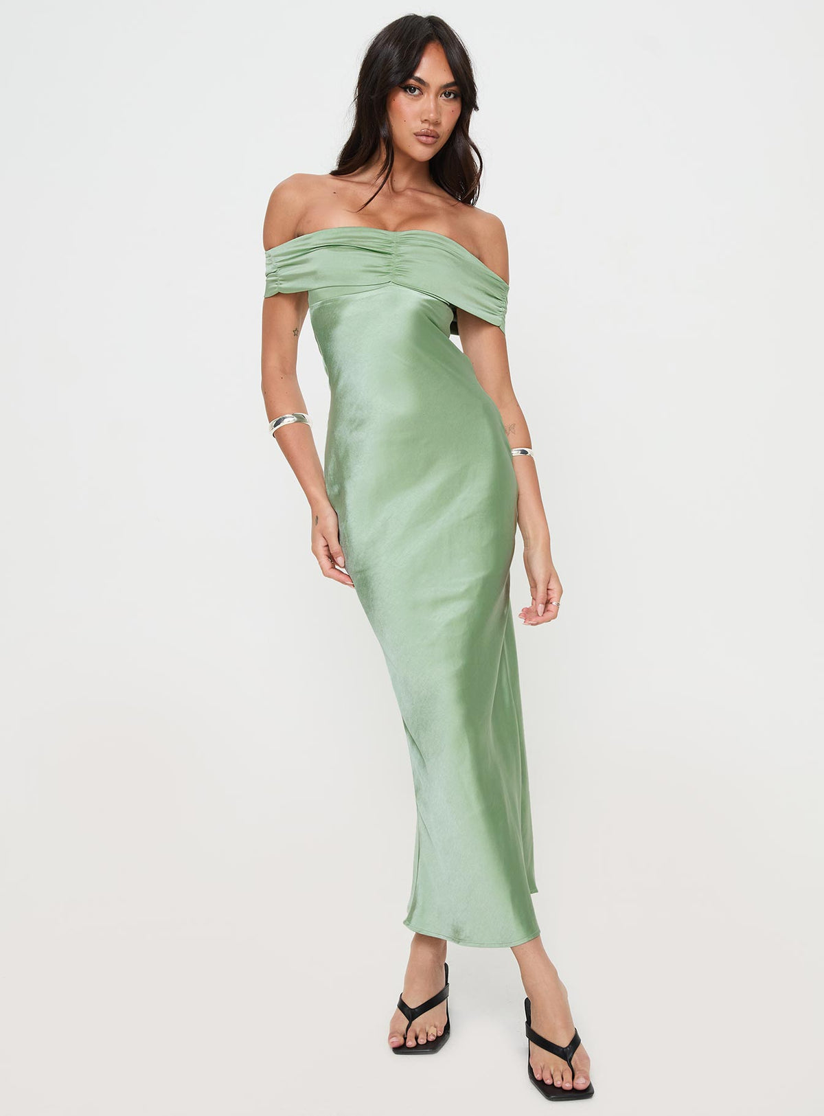 front view of model wearing Princess Polly Sadee Maxi Dress Sage Straight Neck 