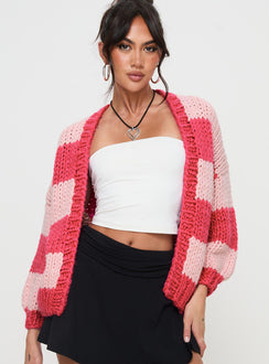 front view of model wearing Princess Polly Lester Knit Cardigan Pink Stripe cropped Jumpers 