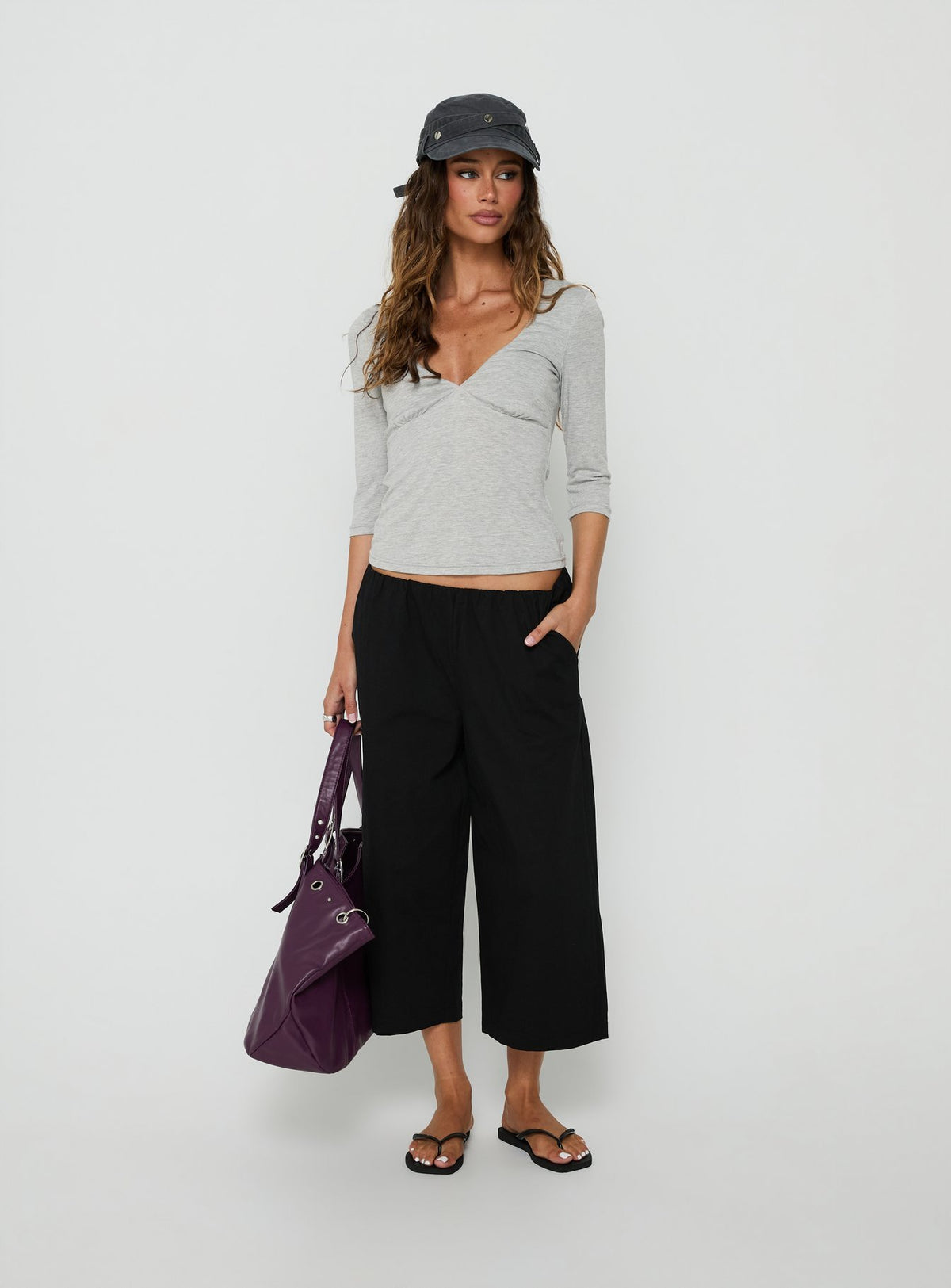 Introducing the Lunea Concealed Waistband 3/4 Pant Black Tall womens-regular-pants with mid-rise front view of model wearing Princess Polly
