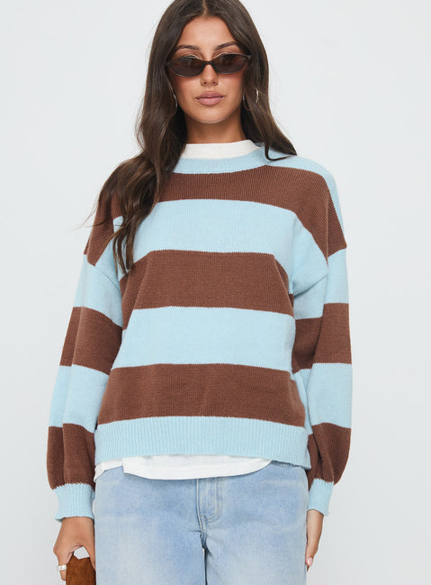 front view of model wearing Princess Polly Ardentia Crew Neck Knit Sweater Aqua Stripe Longline Jumpers Jumpers 