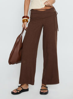 back view of model wearing Princess Polly Silver Moon Linen Blend Tie Pants Brown Petite Mid Rise Pants Pants 