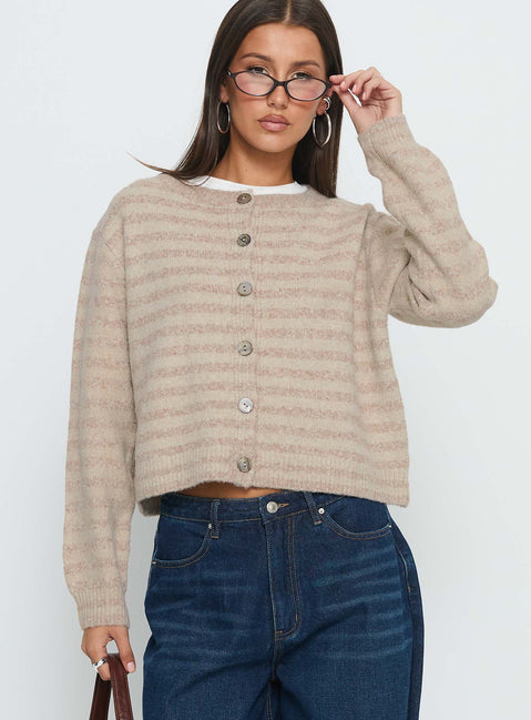 Featuring the Raynna Button Up Cardigan Beige Stripe womens jumpers in short length front view of model wearing Princess Polly