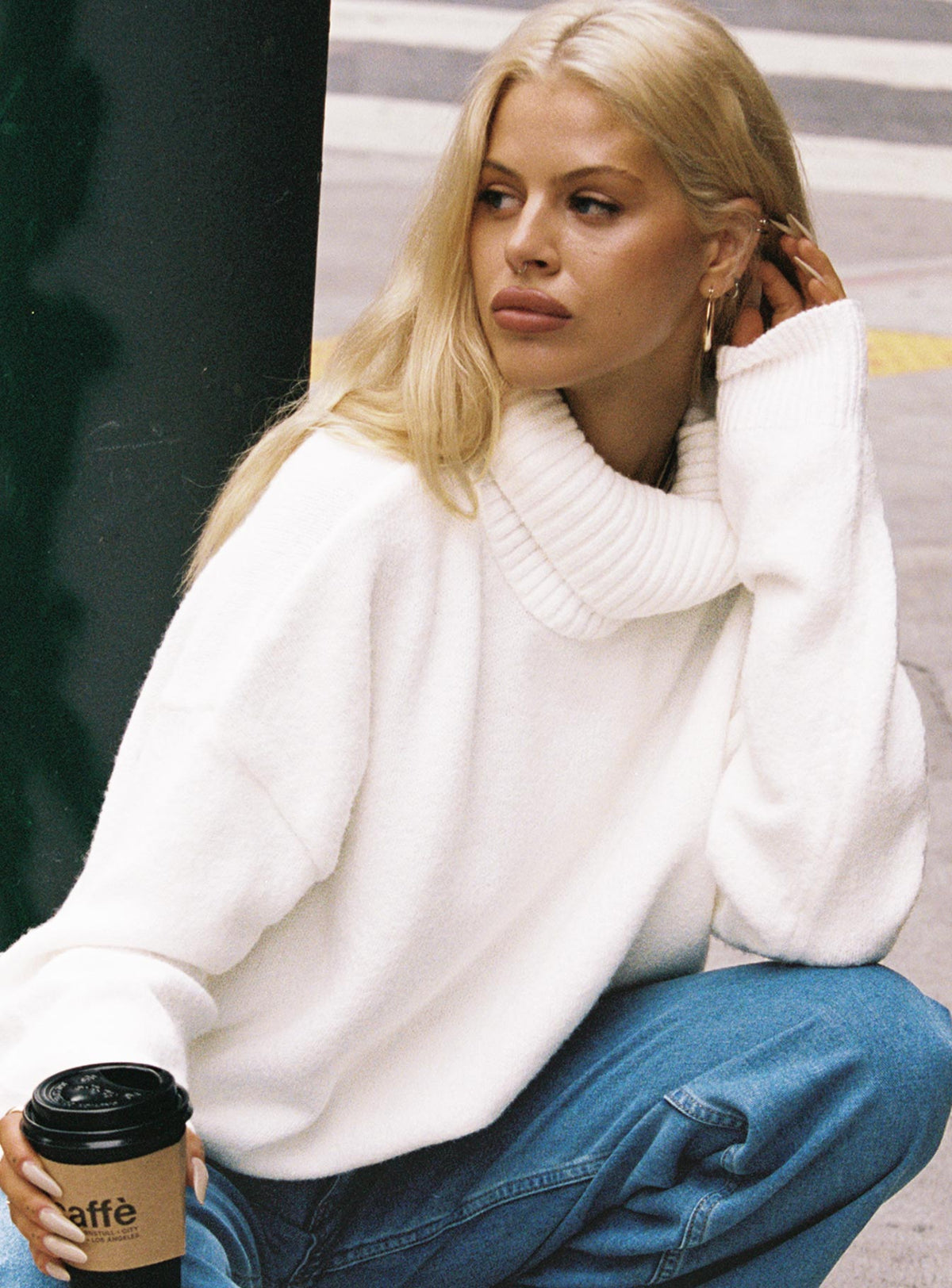 back view of model wearing Princess Polly Oswin Turtleneck Sweater White Longline Jumpers Jumpers 