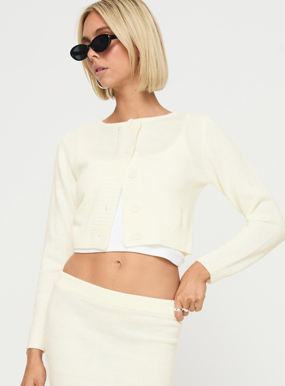 front view of model wearing Princess Polly Collase Knit Sweater Cream cropped Jumpers 