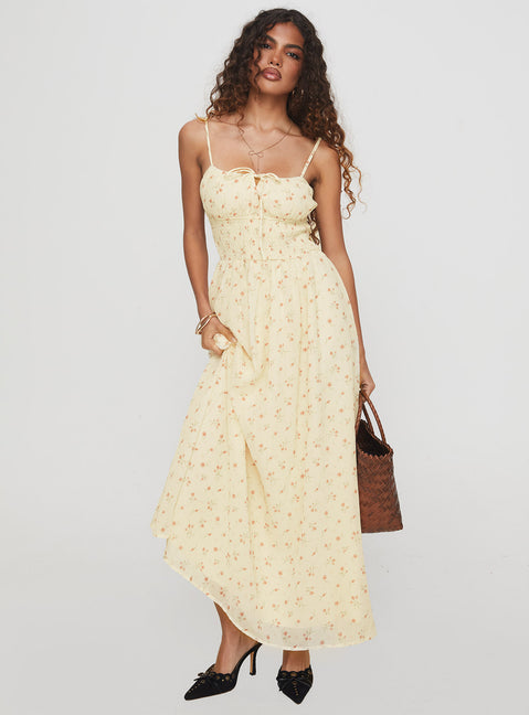 front view of model wearing Princess Polly Pearle Shirred Maxi Dress Cream Floral Square Neck 