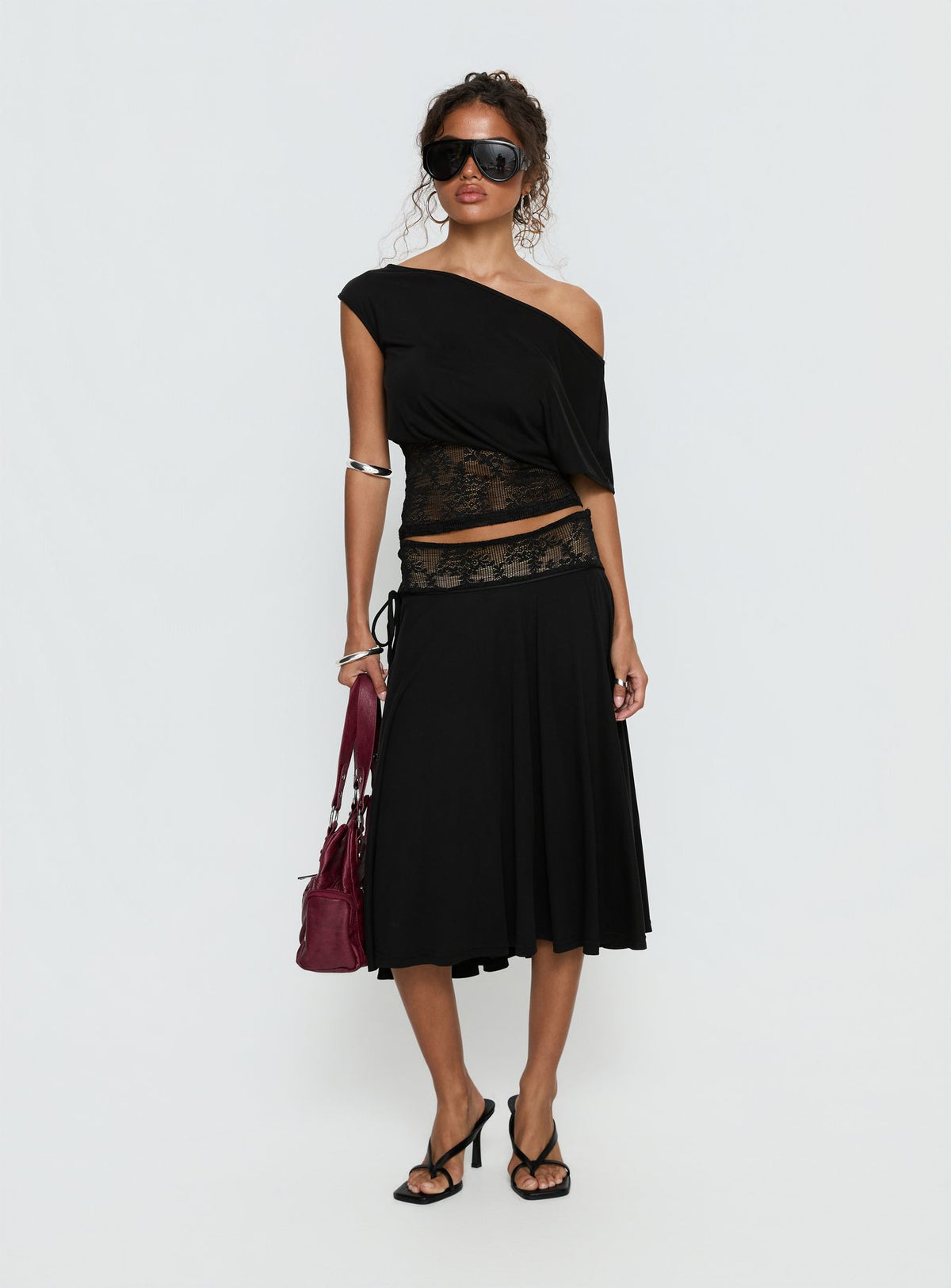   front view of model wearing Princess Polly Marienna Lace Midi Skirt Black Midi Skirts Skirts 