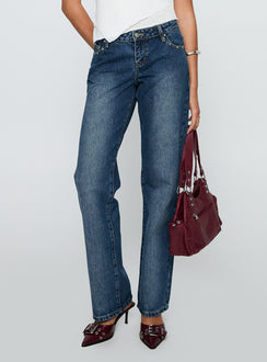 front view of model wearing Princess Polly So Dazzling Studded Low Rise Straight Leg Jeans Dark Wash Low Rise Jeans Jeans 