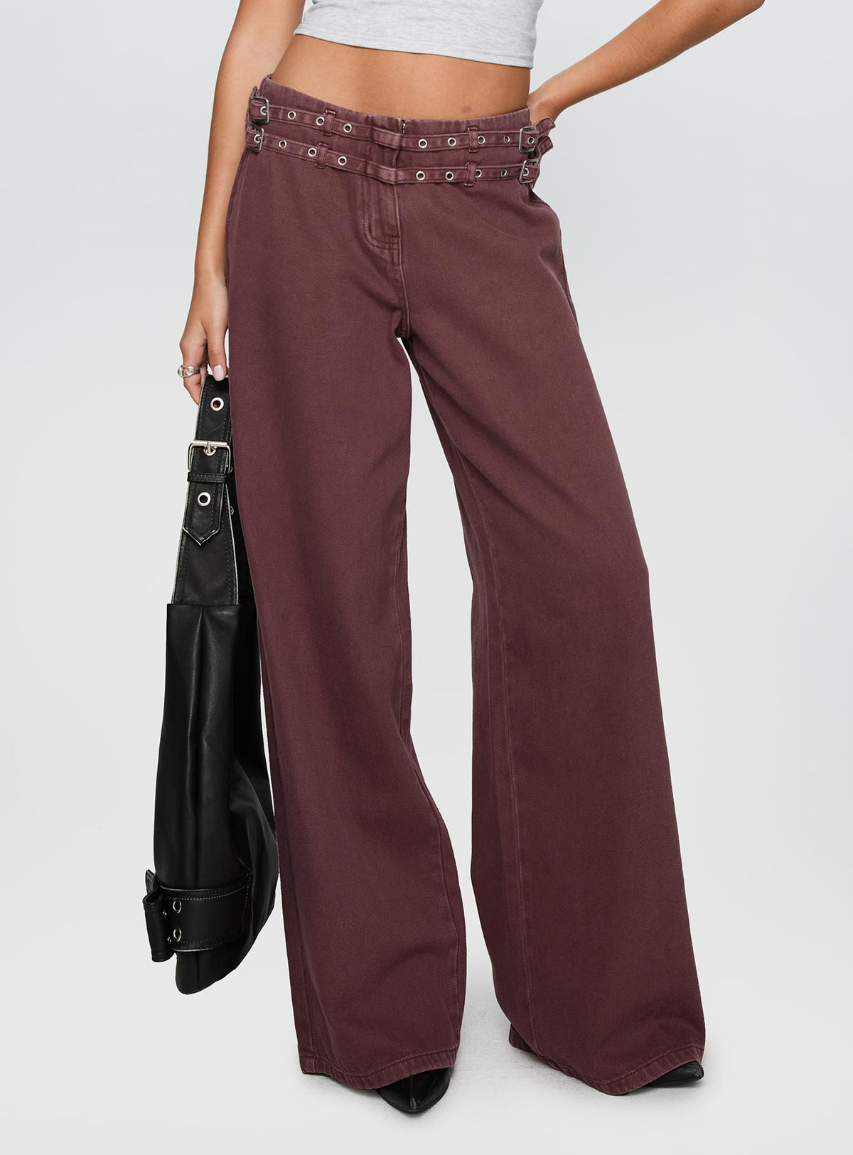 back view of model wearing Princess Polly Baccarat Belted Pant Chocolate Mid Rise 