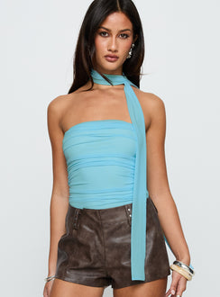 front view of model wearing Princess Polly Sorelle Scarf Bodysuit Blue Sleeveless Bodysuit 