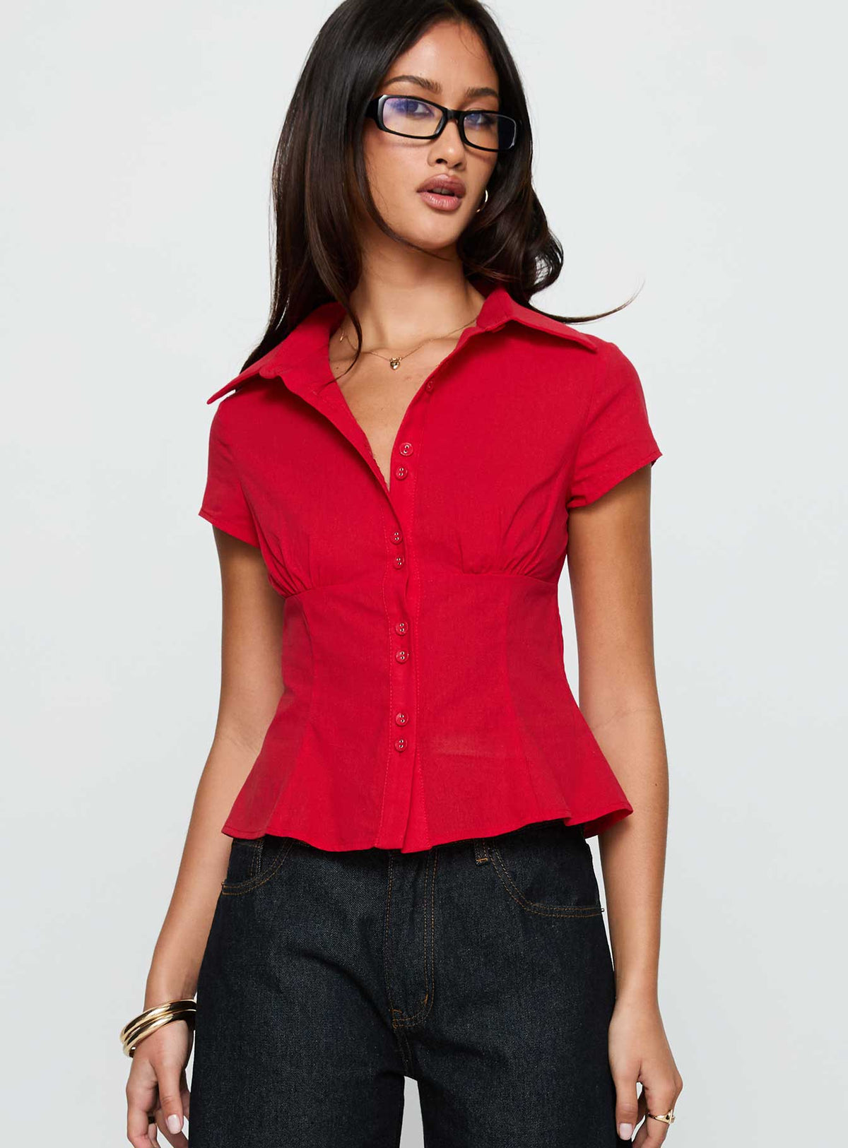 front view of model wearing Princess Polly Cottesloe Blouse Top Red Short Sleeves V-Neck 
