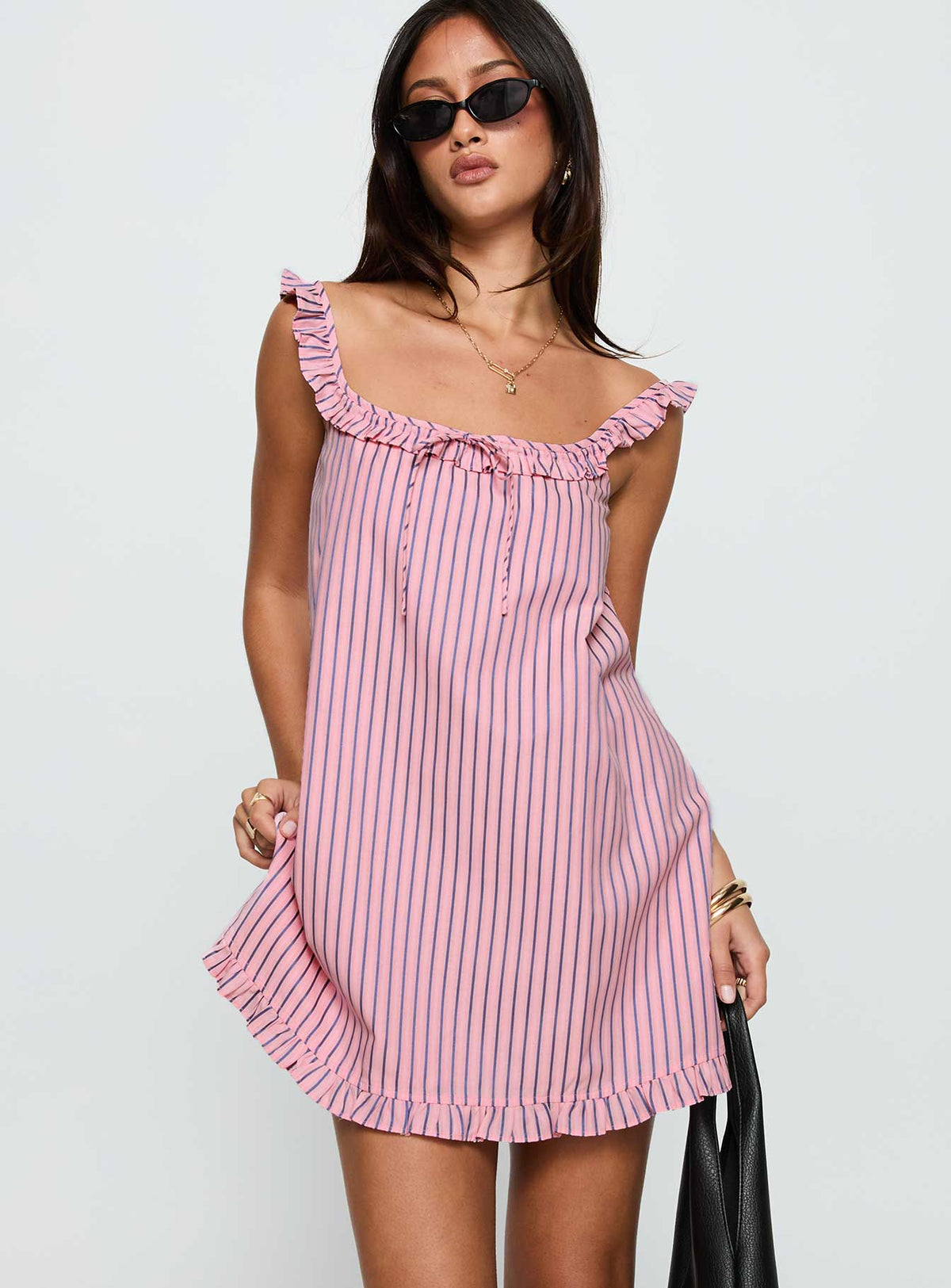 back view of model wearing Princess Polly Zalina Babydoll Mini Dress Pink Stripe Square Neck 