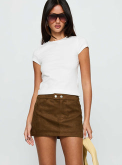   side view of model wearing Princess Polly Rhodeo Mini Skirt Brown Mini Skirts Skirts 