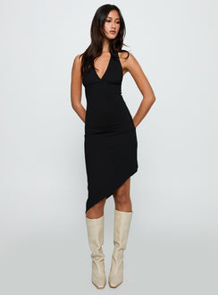 front view of model wearing Princess Polly Whimsy Asymmetrical Midi Dress Black V-Neck 