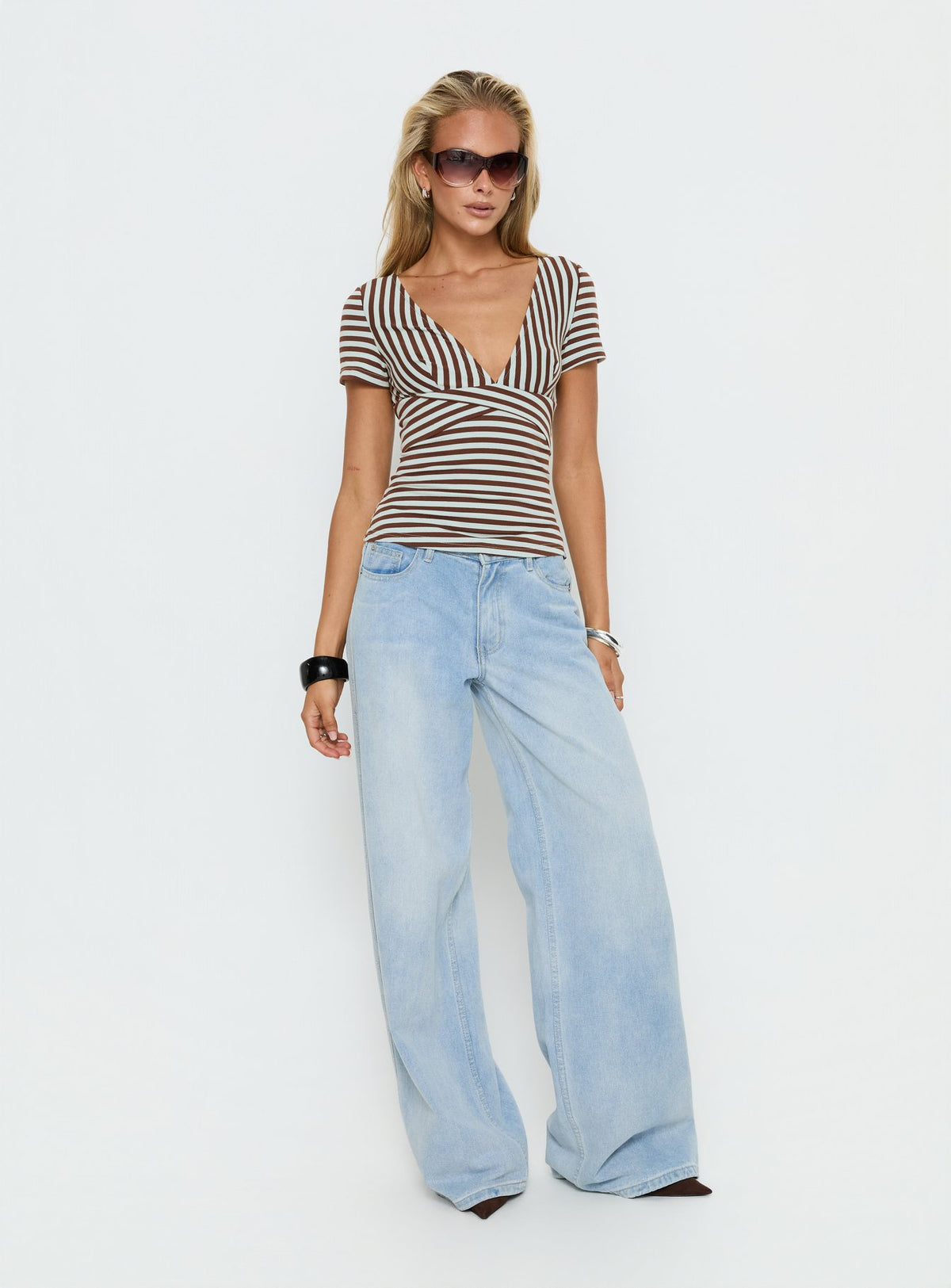 Madelon Short Sleeve Wrap Top Brown / Blue Stripe