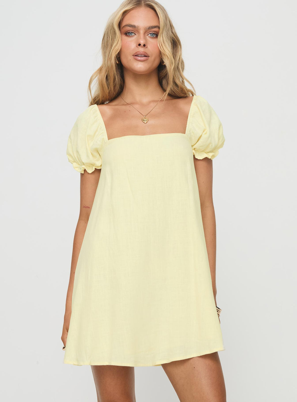 front view of model wearing Princess Polly Beyond Linen Blend Mini Dress Yellow Square Neck 