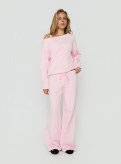 Featuring Dodie Wide Leg Pants Pink in womens regular pants with mid-rise front view of model wearing