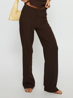 side view of model wearing Princess Polly Kinsie Tailored Pants Brown High Rise Pants Pants 