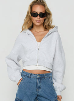 Showcasing the Zellah Double Ended Zipper Hoodie Grey Marle womens-jumpers in short length front view of model wearing Princess Polly