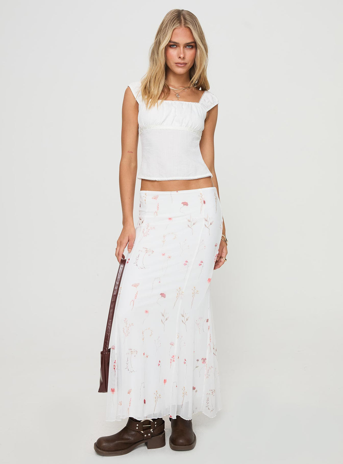 back view of model wearing Princess Polly Breezewood Maxi Skirt White Maxi Skirts Skirts 