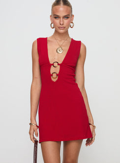 front view of model wearing Princess Polly Steward Mini Dress Red Petite Plunger 