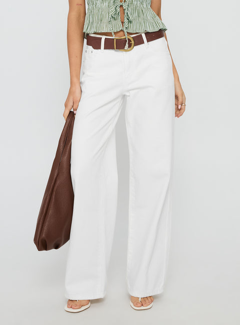 back view of model wearing Princess Polly Serenitia Mid Rise Relaxed Jeans White Wash High Rise Jeans Jeans 