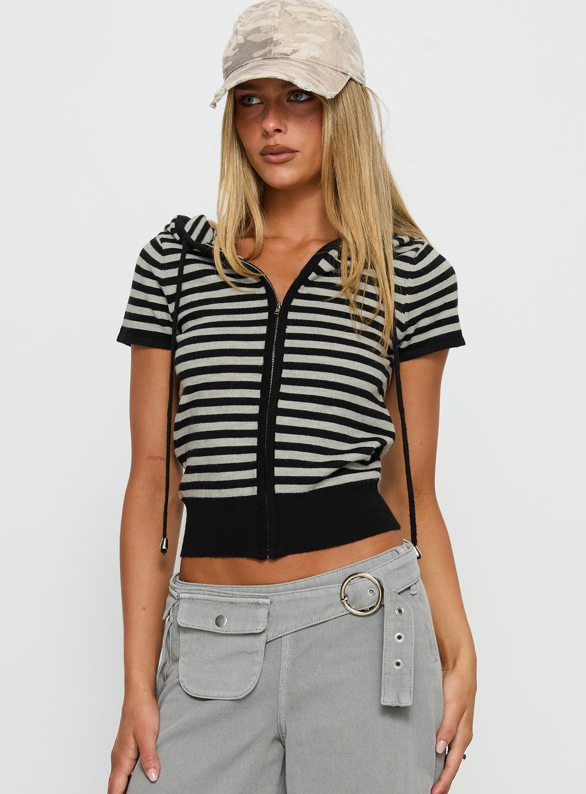 Kahlee Zip Through Hoodie Grey / Black Stripe