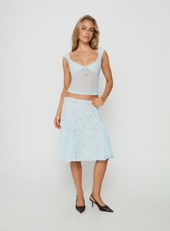 Featuring the Quani Lace Midi Skirt Blue womens-skirts in powder blue with intricate floral detailing Princess Polly