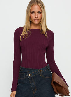 front view of model wearing Princess Polly Mayok Long Sleeve Bodysuit Plum Long Sleeve Tops Bodysuit 