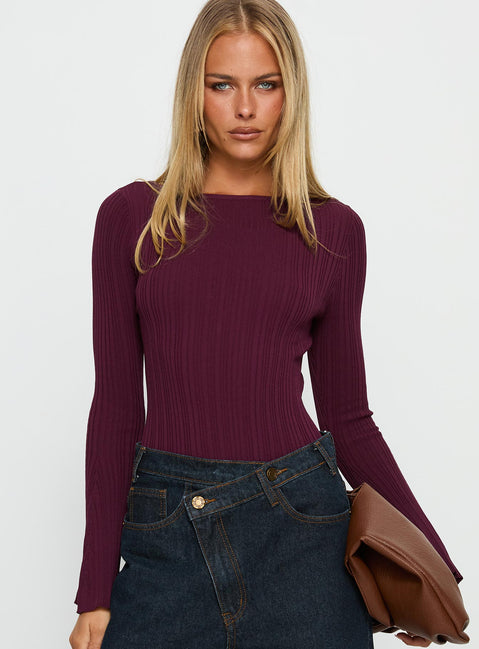 front view of model wearing Princess Polly Mayok Long Sleeve Bodysuit Plum Long Sleeve Tops Bodysuit 
