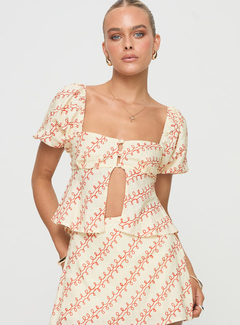 front view of model wearing Princess Polly Passionfruit Linen Blend Top Multi Short Sleeves Square Neck 