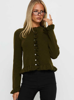 Shop the Inclination Frill Cardigan Moss womens-jumpers in short length front view of model wearing Princess Polly
