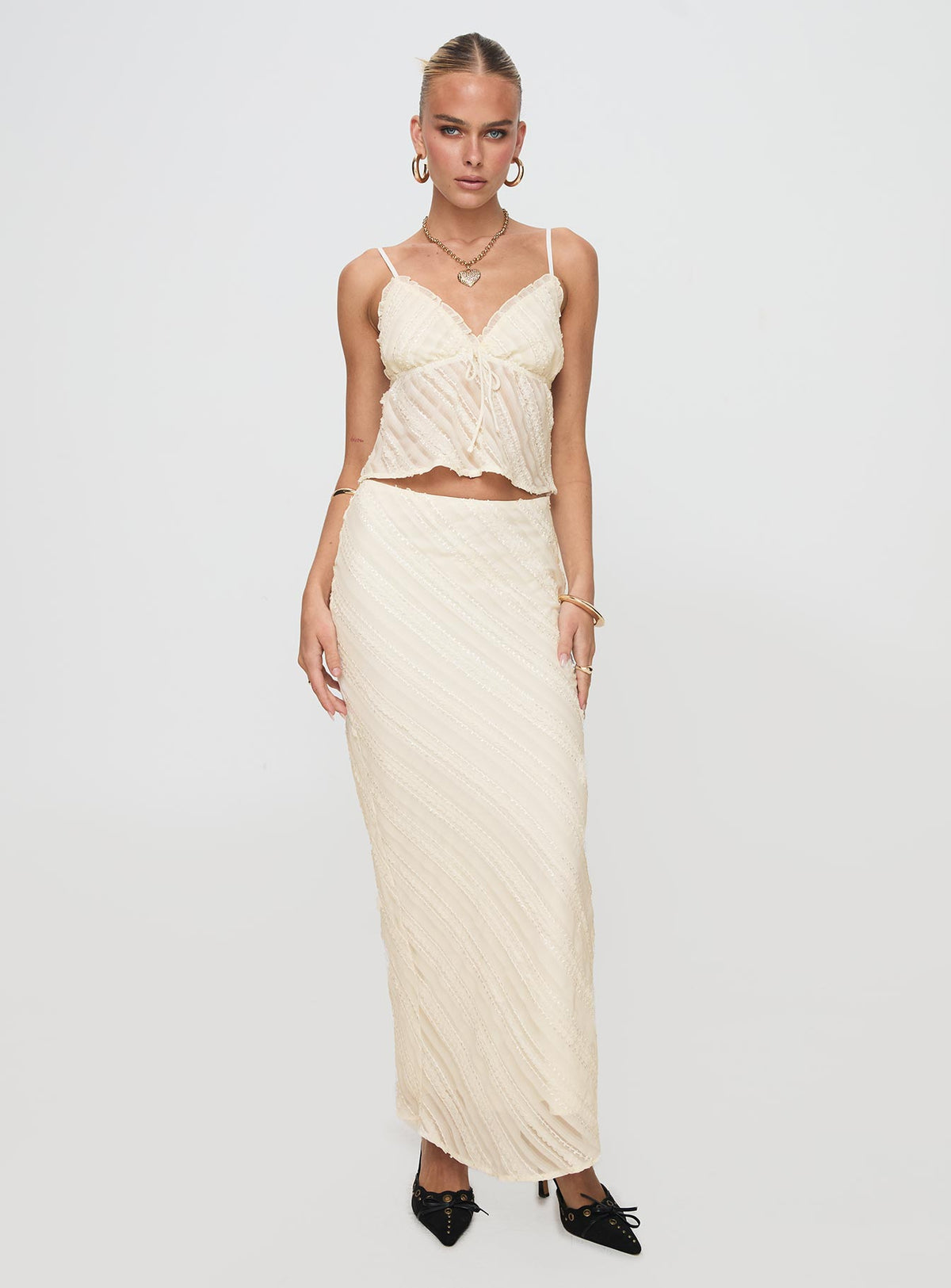  front view of model wearing Princess Polly Jacintha Maxi Skirt Cream Maxi Skirts Skirts 