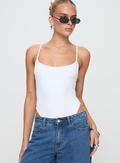 front view of model wearing Princess Polly All Tied Up Bodysuit White Tall Sleeveless Bodysuit 