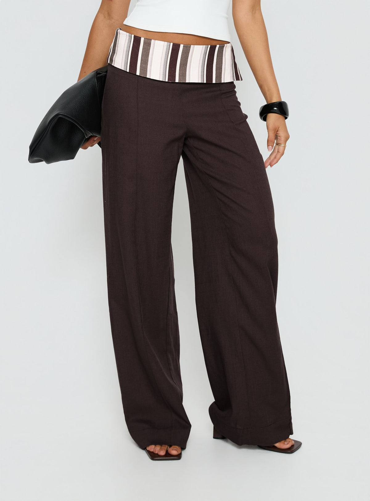 front view of model wearing Princess Polly Quenlin Folded Straight Leg Pant Multi Mid Rise Pants Pants 