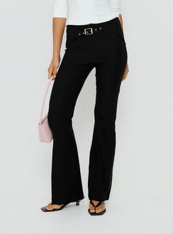 Crafted with the Viridian Belted Flared Pants Black womens-regular-pants in high-rise front view of model wearing Princess Polly
