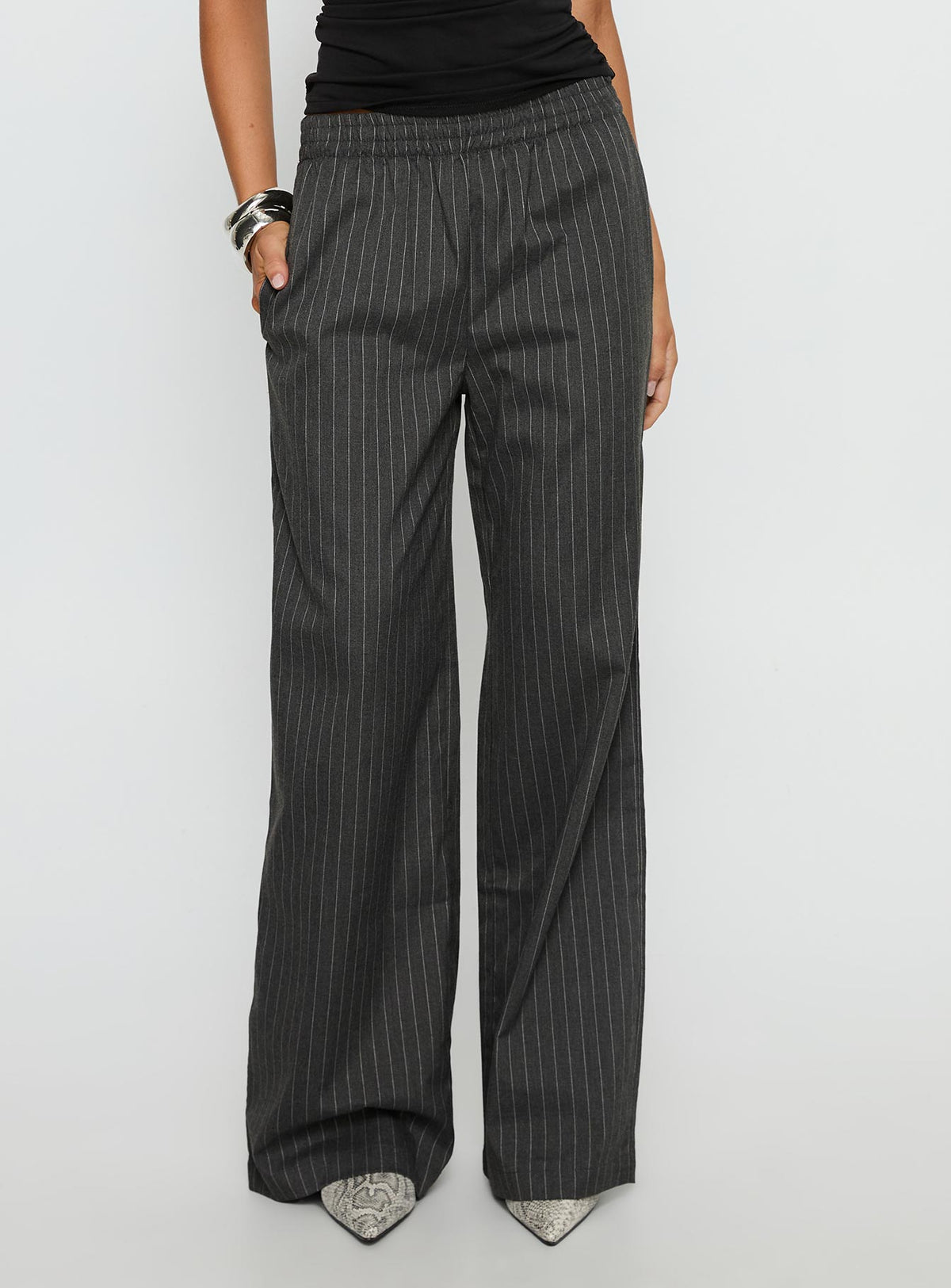 back view of model wearing Princess Polly Jaysa Baggy Wide Leg Pant Grey Pinstripe High Rise Pants Pants 