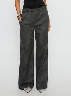 back view of model wearing Princess Polly Jaysa Baggy Wide Leg Pant Grey Pinstripe High Rise Pants Pants 
