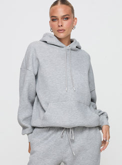 back view of model wearing Princess Polly Dream Fleece Classic Hoodie Grey Marle Longline Jumpers Jumpers 