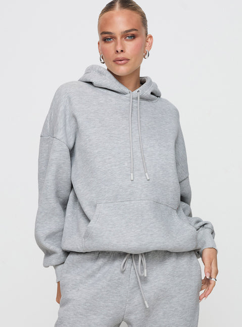 back view of model wearing Princess Polly Dream Fleece Classic Hoodie Grey Marle Longline Jumpers Jumpers 