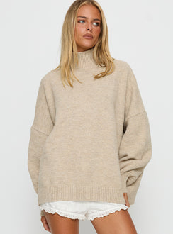 front view of model wearing Princess Polly Patrizia Funnel Neck Knit Sweater Beige Jumpers 