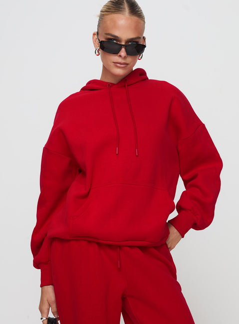 front view of model wearing Princess Polly Dream Fleece Classic Hoodie Red Longline Jumpers Jumpers 
