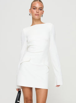 back view of model wearing Princess Polly Carters Long Sleeve Mini Dress White Petite High Neck 