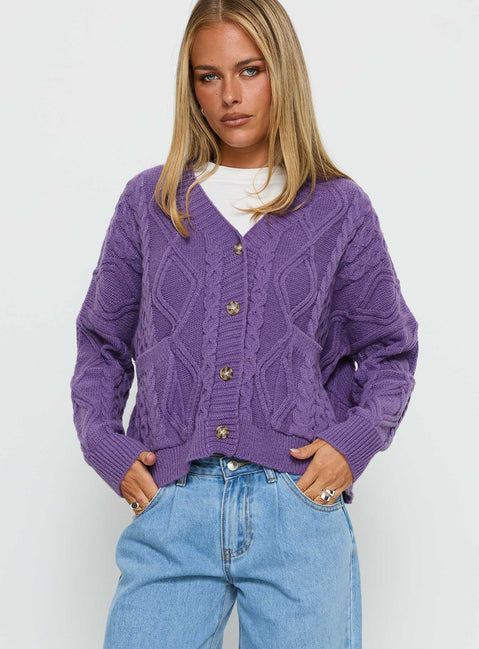 front view of model wearing Princess Polly Dillian Cable Knit Cardigan Purple Cropped Jumpers Jumpers 