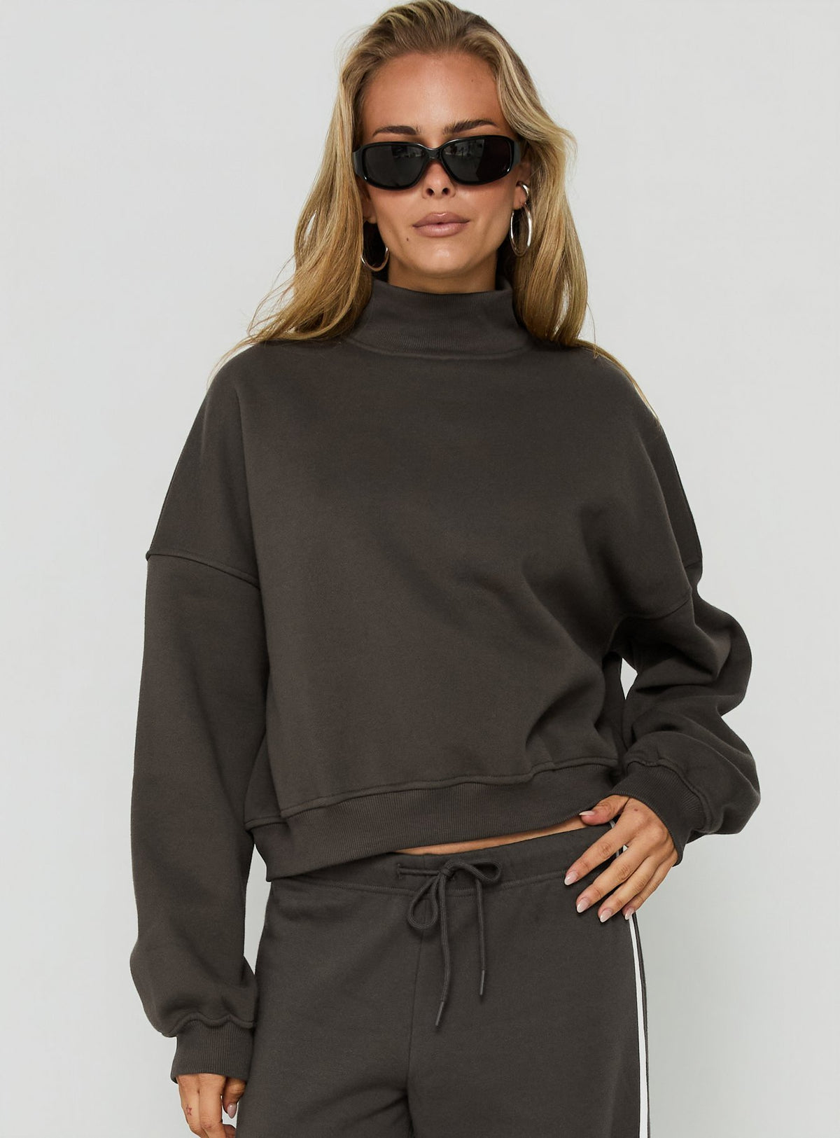 Featuring the Anyya Funnel Neck Crew Jumper Iron Grey womens-jumpers in short length detail view of model wearing Princess Polly