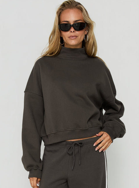Featuring the Anyya Funnel Neck Crew Jumper Iron Grey womens-jumpers in short length detail view of model wearing Princess Polly